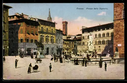 AK Firenze, Piazza della Signoria con la statua di Nettuno e vita quotidiana