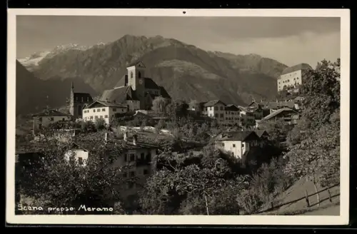 AK Scena presso Merano, Vista del villaggio montano con chiesa e case ai piedi delle Alpi