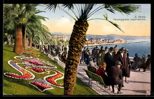 AK S. Remo, Passeggiata Imperatrice con fiori e persone lungo la costa