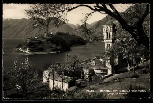 AK Ospedaletti /Lago di Como, Vista sull`Isola Comacina con campanile in primo piano
