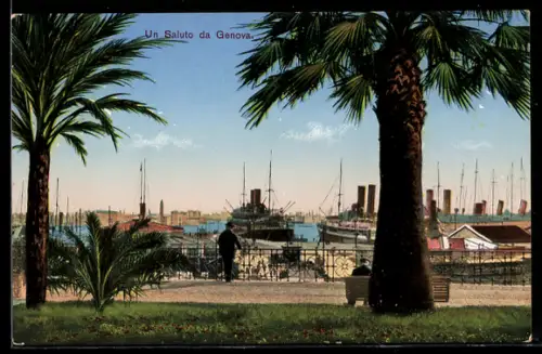 AK Genova, Vista sul porto con palme e navi a vapore