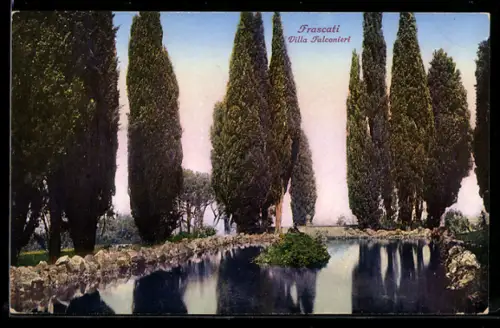AK Frascati, Villa Falconieri con cipressi e specchio d`acqua