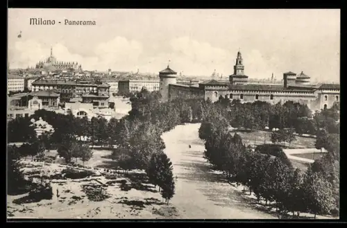 AK Milano, Panorama con vista sul Castello Sforzesco e Duomo di Milano sullo sfondo