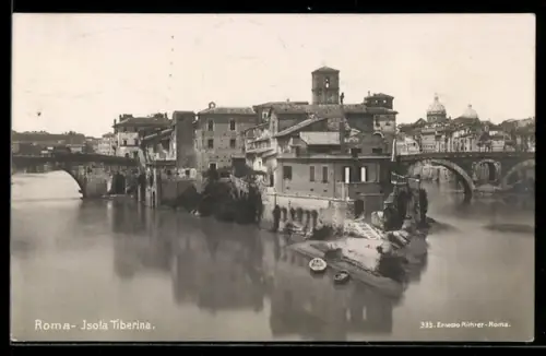 AK Roma, Isola Tiberina con ponte e edifici storici sul fiume Tevere