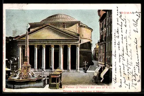 AK Roma, Il Pantheon e la fontana con obelisco