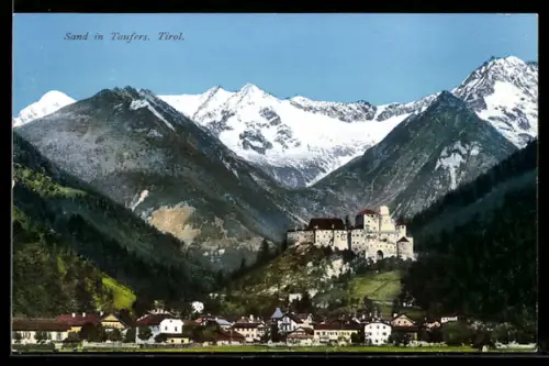 AK Sand /Taufers, Veduta del castello con montagne innevate sullo sfondo