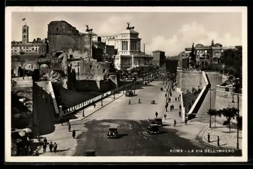 AK Roma, La Via dell`Impero con monumenti storici e traffico d`epoca
