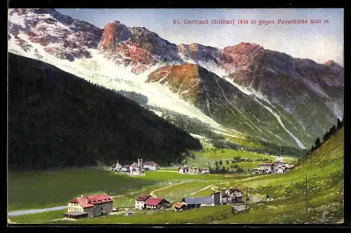 AK St. Gertraud /Sulden, Panorama del villaggio con montagne sullo sfondo