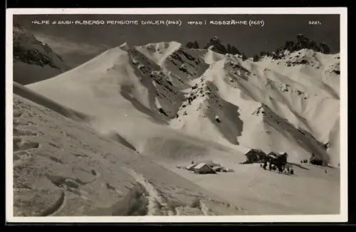 AK Alpe di Siusi, Albergo Pensione Dialer verso i Rosszähne innevata