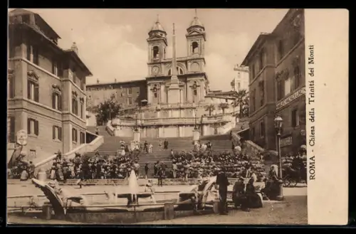 AK Roma, Chiesa della Trinità dei Monti e Scalinata di Piazza di Spagna con fontana e folla