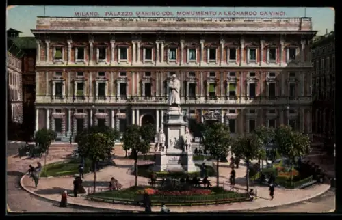 AK Milano, Palazzo Marino col Monumento a Leonardo da Vinci