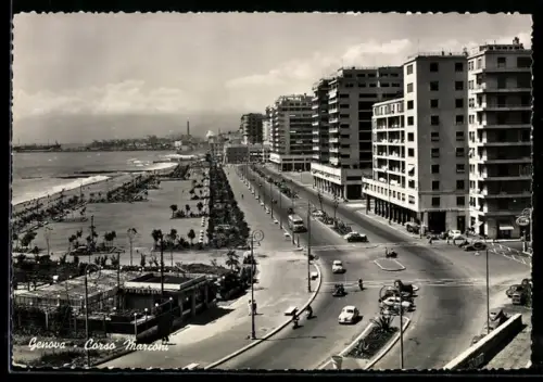 AK Genova, Corso Marconi con vista sul mare e edifici circostanti