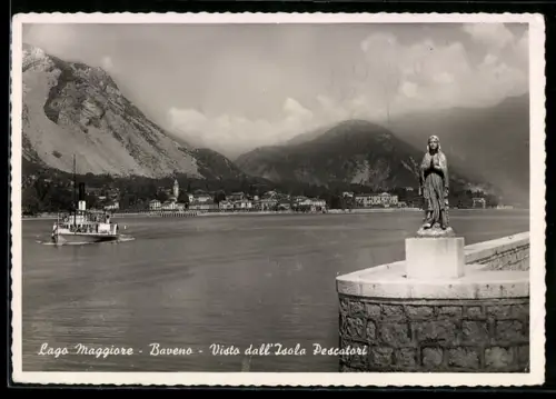 AK Baveno /Lago Maggiore, Vista dall`Isola Pescatori con statua e piroscafo