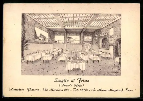 AK Roma, Interno del ristorante Scoglio di Frisio con tavoli apparecchiati e decorazioni alle pareti