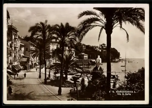 AK S. Margherita L., Via A. Sella con palme e vista sul mare