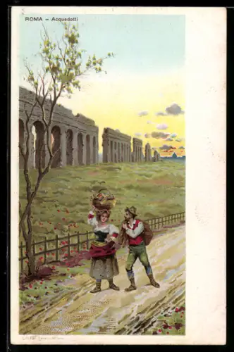 Lithographie Roma, Acquedotti con due contadini sulla strada davanti al tramonto