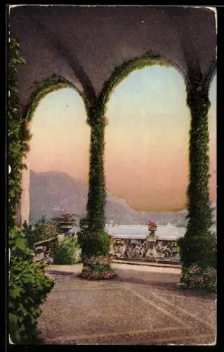 AK Lenno /Lago di Como, Balbianello, Loggia con vista sul lago al tramonto