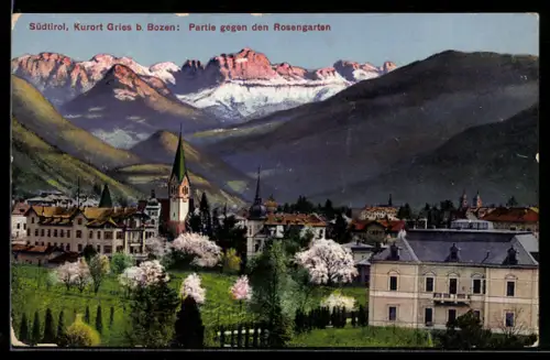 AK Gries b. Bozen, Ortspartie mit Kirche gegen den Rosengarten