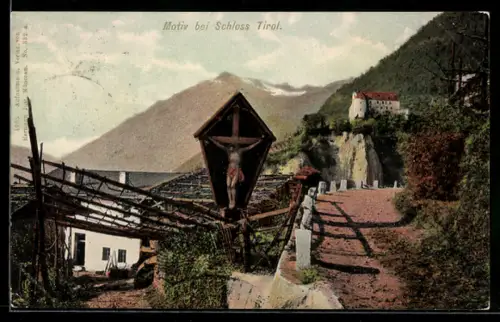 AK Dorf Tirol, Schloss Tirol, Blick auf das Schloss mit Wegekreuz im Vordergrund