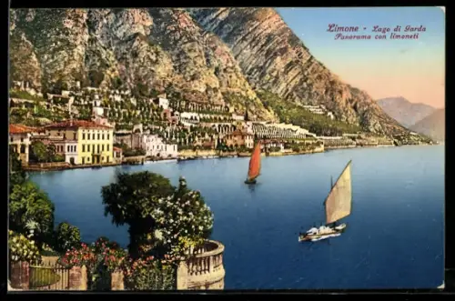 AK Limone /Lago di Garda, Panorama con limoneti e barche a vela