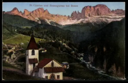 AK St. Cyprian bei Bozen, Ortsansicht mit Kirche und dem Rosengarten