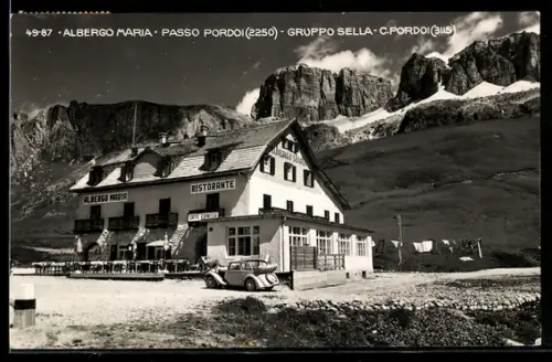 AK Passo Pordoi, Albergo Maria e Gruppo Sella sullo sfondo