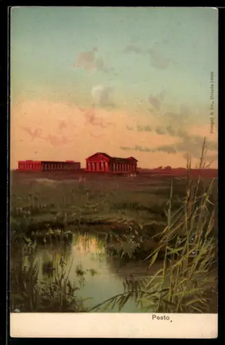 AK Pesto, Templi antichi al tramonto con paesaggio riflesso nell`acqua