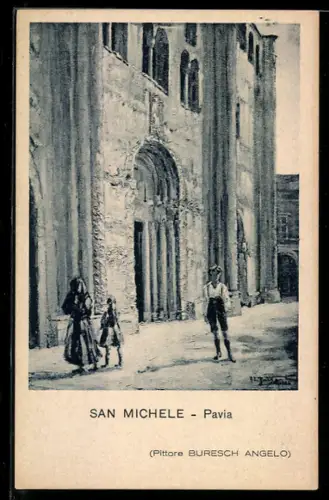 AK Pavia, Basilica di San Michele Maggiore con passanti