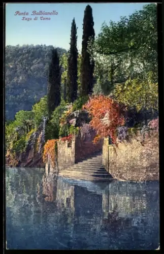 AK Punta Balbianello /Lago di Como, Scalinata verso l`acqua con cipressi e vegetazione lussureggiante