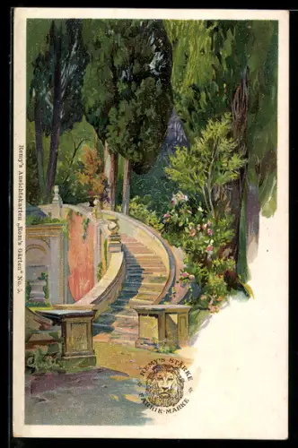 Künstler-AK Rom, Partie im Park mit Treppenaufgang