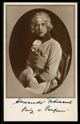 AK Prinz Alexander Ferdinand mit Perücke, rückseitig Autograph von Prinz August Wilhelm von Preussen