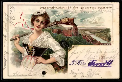 Lithographie Ganzsache PP15C 29/03: Heidelberg, 18. Verbands-Schiessen 1901, Hübsches Mädchen mit Gewehr