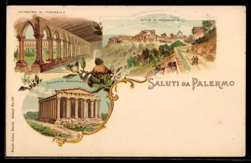 Lithographie Palermo, Tempio di Segesta, Chiostro di Monreale, Città di Monreale