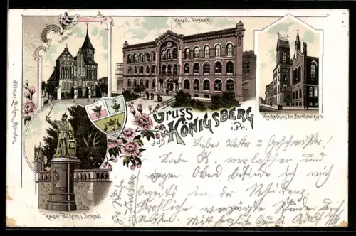 Lithographie Königsberg, Domkirche, Kaiser Wilhelm I. Denkmal, Kaiserl. Postamt