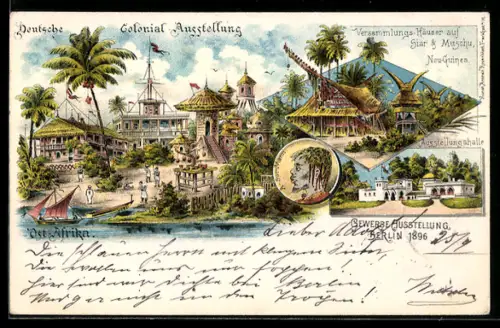 Lithographie Berlin, Deutsche Colonial Ausstellung Ost Afrika, Gewerbeausstellung 1896, Versammlugns-Häuser