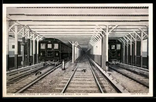 Künstler-AK New York, Express Trains in Subway at Spring Street, U-Bahn