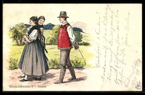 Künstler-AK Badische Landestrachten, Nr.11, Rickesbach, Leute in Trachten auf Spaziergang