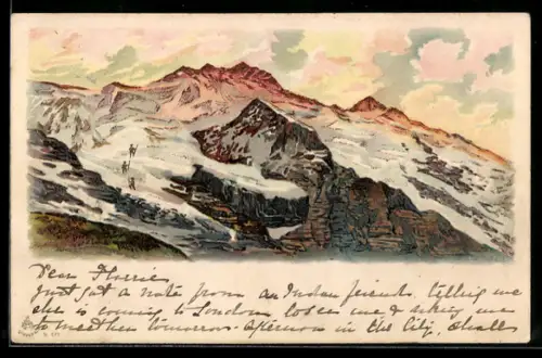 Lithographie Bergsteiger beim Gipfelsturm, Kupferne Bergkämme