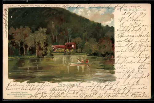 Künstler-AK Carl Münch: Freiburg, Waldsee mit Ruderboot und Haus