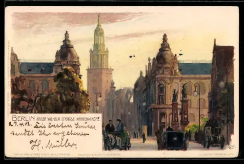 Künstler-AK Heinrich Kley: Berlin, Kaiser Wilhelm Strasse mit Marienkirche