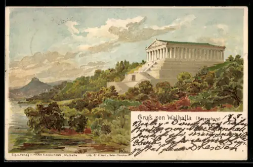 Künstler-AK Regensburg, Die Walhalla mit Umgebung