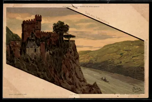 Künstler-AK C.Biese: Schloss Rheinstein, Dampfer