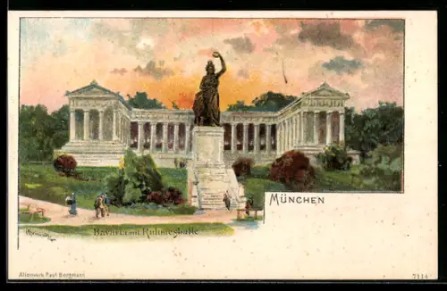 Künstler-AK Karl Heinisch: München, Bavariaskulptur mit Ruhmoshalle
