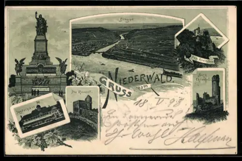 Lithographie Bingen / Rhein, Ortsansicht von oben, Burg Rheinstein, Burg Ehrenfels, Jagdschloss