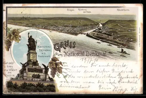 Lithographie Bingen, Teilansicht mit Mündung der Nahe und Mäuseturm, National-Denkmal a. d. Niederwald