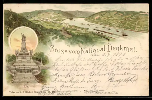Lithographie Rüdesheim, Blick auf das National-Denkmal, Panorama mit Rhein