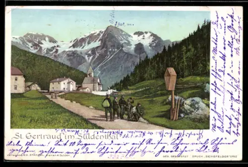 AK St. Gertraud im Suldenthal, Ortspartie mit Kirche und Flurkreuz