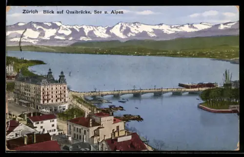 AK Zürich, Blick auf Quaibrücke, See u. Alpen