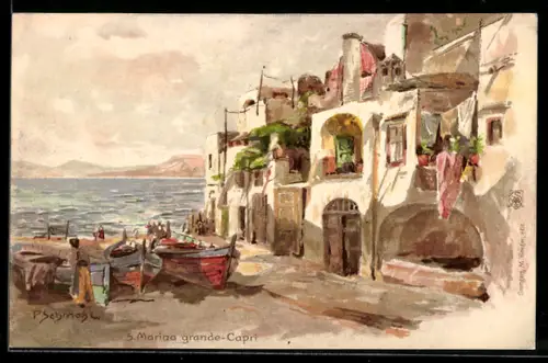 Künstler-Lithographie P.Schmohl: Capri, Marina grande, Boote