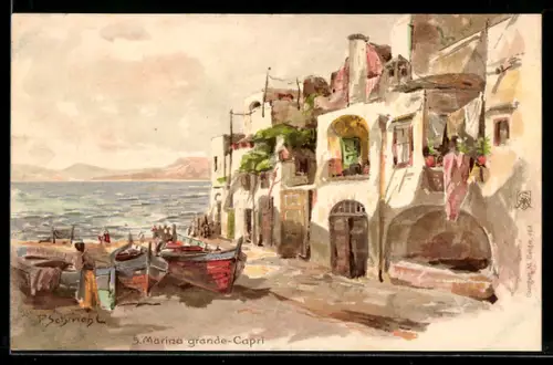 Künstler-Lithographie P.Schmohl: Capri, Marina grande, Boote